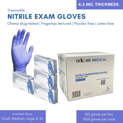 TRICARE MEDICAL Nitrile Exam Gloves, Chemo Drug Tested, 4.3 Mil, Deep Blue, Case of 1000