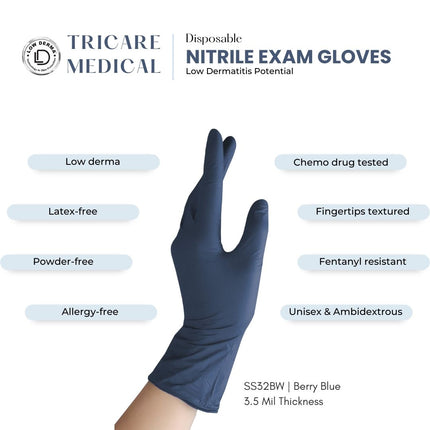 TRICARE MEDICAL Nitrile Exam Gloves, Low Derma, 3.5 Mil, Berry Blue, Case of 1000