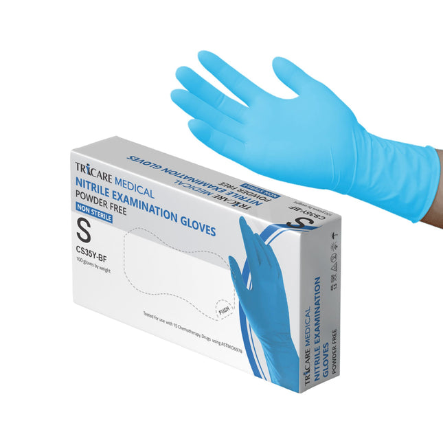 TRICARE MEDICAL Nitrile Exam Gloves, Chemo Drug Tested, 4.3 Mil, Blue, Box of 100