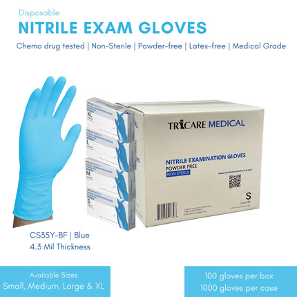 TRICARE MEDICAL Nitrile Exam Gloves, Chemo Drug Tested, 4.3 Mil, Blue, Case of 1000