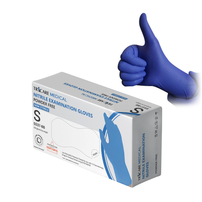 TRICARE MEDICAL Nitrile Exam Gloves, Low Derma, 4.7 Mil, Blue, Box of 100