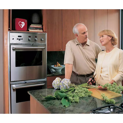heartstart home automated external defibrillator on fridge